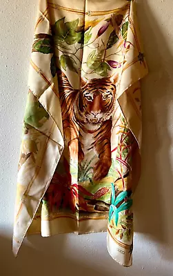 GUCCI Vintage 1970s Silk Scarf  With Jungle Tiger • $300