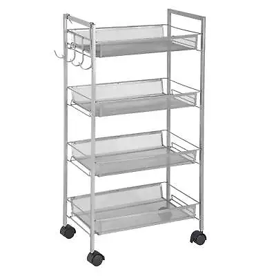 4-Tier Silver Mobile Steel Storage Cart With Side Hooks • $31.87