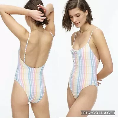 J Crew Bow Front One Piece Swimsuit In Rainbow Gingham Seersucker Sz 4 • $22.75