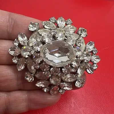 Vintage Clear Rhinestone Silver Tone  2.25” Pin/Brooch Signed MADE IN AUSTRIA • $39.99