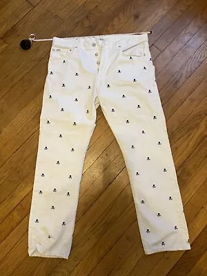 Ralph Lauren Polo Jeans Mens 33x30 White Denim Pants Skull Print Varick Slim • $25.50