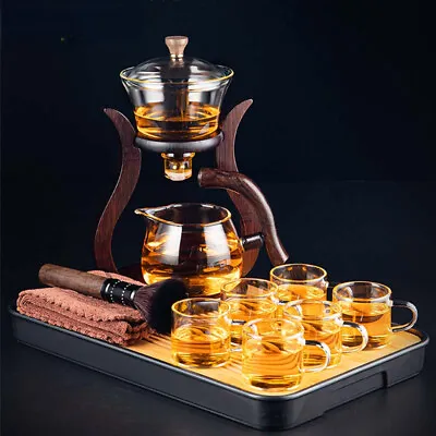 HeatResistant Glass Tea Set Magnetic Water Diversion Rotating Cover TeaPot Gift • $91.89