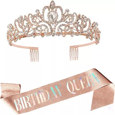 Ladies Birthday Party Queen Tiara And Sash Crystal Crown Headband Shoulder Strap • £7.21