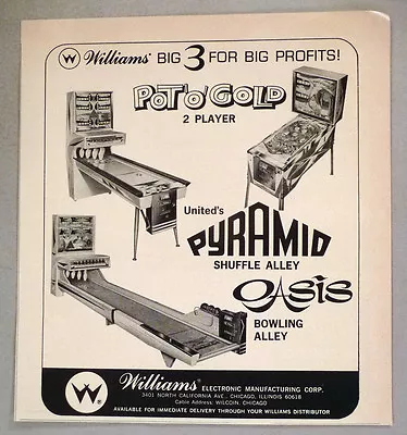 Pot 'O' Gold Pinball Machine Game PRINT AD - 1965 ~ Shuffle Alley Oasis Bowling • $9.99