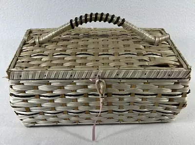 Vintage Wicker Sewing Basket Box 12  X 7  With Extra Buttons Thread Needles • $14.75