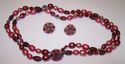 Vendome Two Strand Red Pink Crystal Faux Pearls Glass Necklace & Earrings • $49