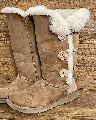 UGG Womens Boots 8 Bailey Button Triple Tall Chestnut Suede Sherpa Shearling • $34.99