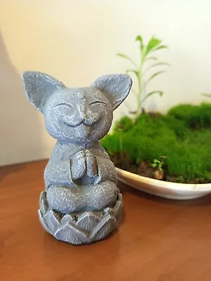 Meditating Japanese Jizo Cat Monk On Lotus Concrete Yoga Cat Garden Statue • $21.74