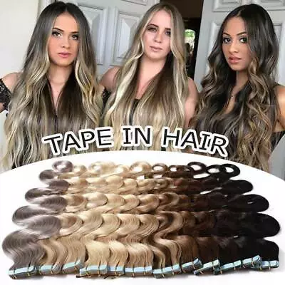 Invisible Tape In Skin Weft Real Remy Human Hair Extensions Body Wave Colored US • $22.20