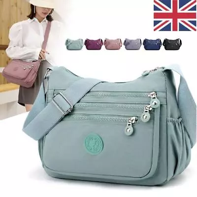 Ladies Shoulder Bag Cross Body Messenger Multi Pocket Nylon Holiday Handbag Tote • £10.85