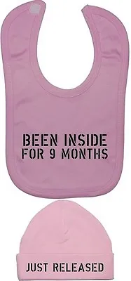 Been Inside For 9 Months Baby Feeding Bib & Beanie Hat/Cap NB-12m Funny Gift • £9.99