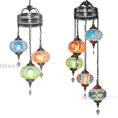 3/5 Light Handmade Turkish Mosaic Lamp Hardwired/Plug-in Moroccan Hanging Light • $95.66