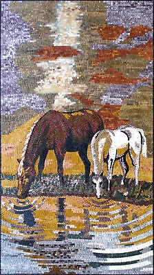 AN024 27.56 ×51.18  Horses Drinking Mural Marble Mosaic Art • $1619