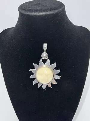 Vintage 3” Sterling Silver Carved Sun Face Stone Pendant 925 • $19.99