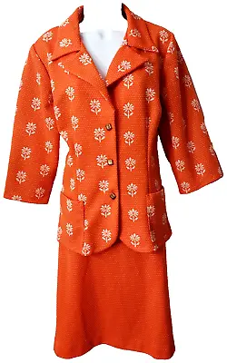 VTG 70s Skirt Suit Jacket L XL Swiss Dot Orange Floral POCKETS Disco Mod Rhoda • $59.99