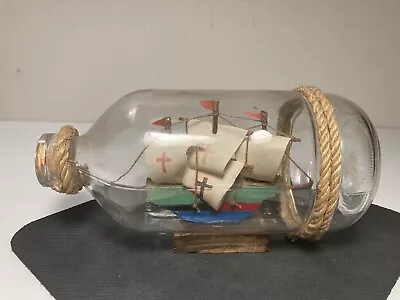 Vintage Ship In A Bottle Three Mast Rope Cork Blue Water Nautical Decor 7.25” • $16.50