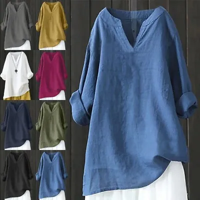 Women Shirts V Neck Tops Ladies Long Sleeve Holiday Loose Plain Solid Color • £13.99