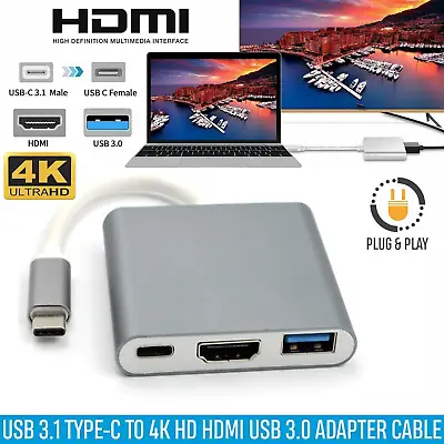 Type C USB 3.1 To USB-C 4K HDMI 3.0 Adapter Cable 3in1 Hub For Macbook Pro Grey • £7.25