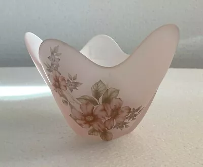 Viking Pink Satin Frosted Glass Blossom Decorated Handkerchief Dish 1982 • $15