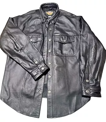 Harley Davidson Mens Jacket Shirt 2XL Black Leather Vintage Lined Snap Biker Bar • $225