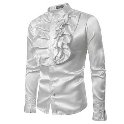 Men Shirts Chest Flower Prom Performance Costume Long Sleeve Satin Ruffle Shirts • £11.99