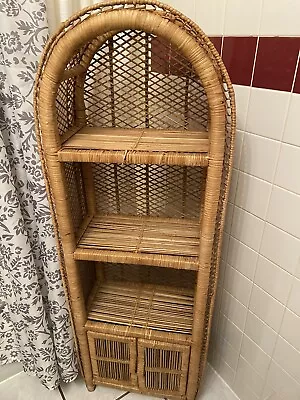 Vintage Wicker Rattan Arched Standing Shelf W/Bottom Doors 50” X 18” X 9.5” • $265