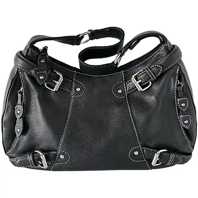 Maxx New York Black Leather Signature Shoulder Bag Hobo Zip Pockets Buckles • $15.29