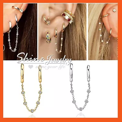 $7.09 • Buy Womens Fashion Silver / Gold Gp Double Piercing Hoop Band Crystal Chain Earrings