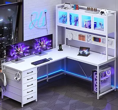 L Shaped Gaming Desk With Led Lights & Power Outlet Home Office Desk With Hutch • $209.97