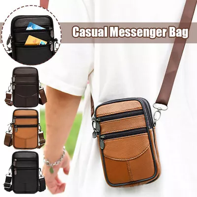 Mens Real Leather Phone Pouch Belt Bag Shoulder Crossbody Waist Pack Handbag • £11.95