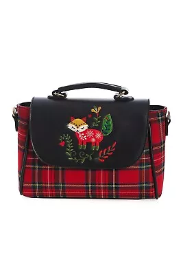 BANNED Apparel Red Tartan Plaid Vintage Retro Scandi Christmas Fox Handbag Bag • £42.99