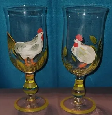 Set Of 2 Hand Painted Glass Water Goblets Roosters Chickens • $45