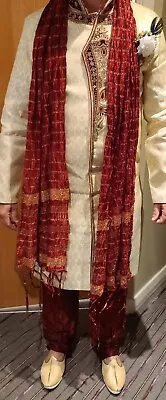 £48 • Buy Men's Indian Clothing Cream/Red Sherwani With Scarf. Threaded/Stoned Embroidered