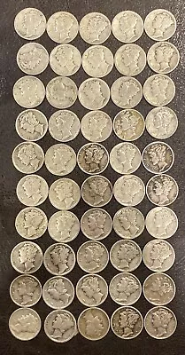 Roll Of 50 Mercury Dimes $5 Face Value 90% Silver. Random Dates. Nice Lot • $102.55