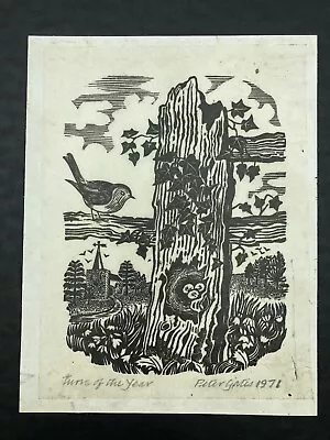 ORIGINAL VINTAGE LINO PRINT  Turn Of The Year  By PETER GATES 1971 Signed • £15