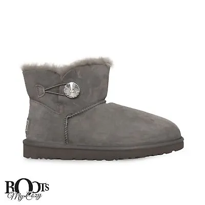 Ugg Mini Bailey Button Bling Grey Swarovski Crystal Boots Size Us 6/uk 4.5 New • $174.99