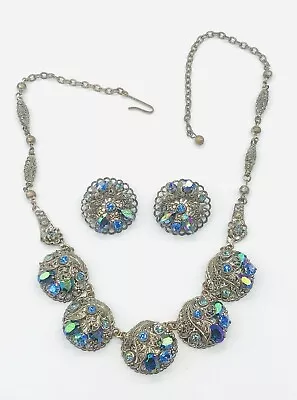 Vtg West Germany AB BLUE Glass Rhinestone Filigree Necklace Earrings Set • $145