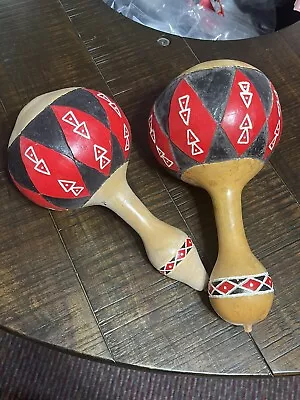 Vintage Pair Of Hand Painted & Carved Mexican Maracas Gourd Shakers Red & Green • $12.99