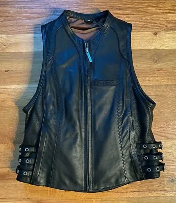 Icon Bombshell Black Leather Motorcycle Vest Womens Xs Back Armor • $144