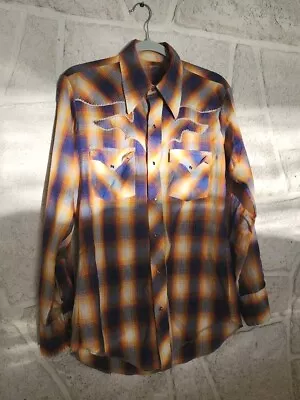 Vintage Western Shirt Men Size M Blue Orange Plaid • $7.99