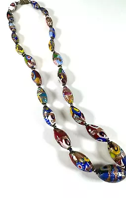 Vintage Necklace Art Glass Beads Millefiori Oval Sparkle Painted 17ins Graduated • $100