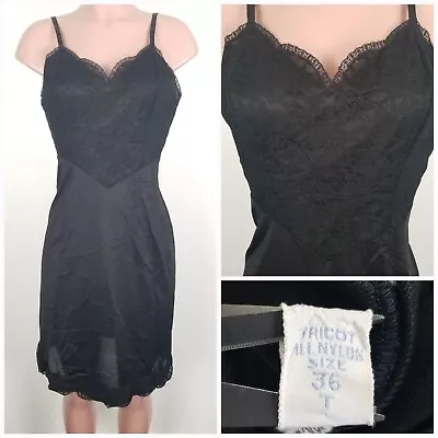 Vintage Vanity Fair Sissy 36 T Nylon Full Slip Nightgown Dress Lace Bodice Black • $28.99