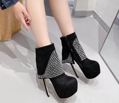 Womens Fashion Sexy Round Toe Diamante Cuffed Ankle Boots Party High Heels Shoes • $61.64