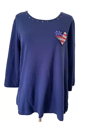 Quacker Factory Top Womens Small 3/4 Sleeve Blue Flag Heart Embellished • $15