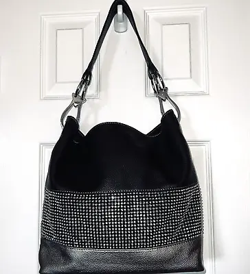 Melie Bianco Black & Silver Leather Hobo Bag W/Rhinestones Anthropologie 3094 • $40