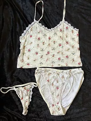 Vintage Victoria’s Secret Floral Cotton Cami Bikini Panty & Thong Set • $44.99