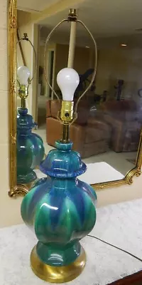 Vtg Mid Century Modern Green Blue Rib Art Drip Glaze Pottery Table Lamp 1950s • $150