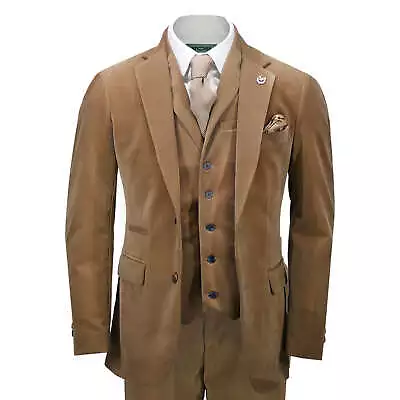 Mens Corduroy 3 Piece Suit Tan Classic Tailored Fit Jacket Waistcoat Trousers • £159.99