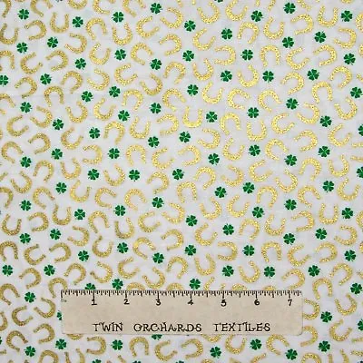 St Patrick's Day Fabric - Metallic Horseshoe Clover White - Benartex Kanvas YARD • $10.48