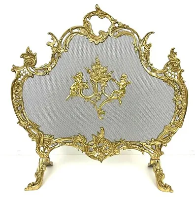 VTG Solid Brass French Rococo Cherubs Fireplace Screen Spark Guard 26x25.5 • $1650